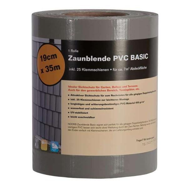 Sichtschutzstreifen PVC Zaunblende 0,19x35 m Basic 450 gr/m² inkl. 25 Klemmschienen Farbe steingrau (RAL 7030)